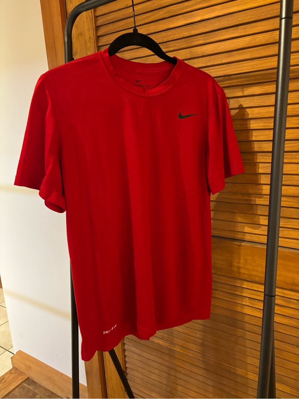 Nike Men’s Red Short Sleeve Dri-FIT Tee with Black Swoosh